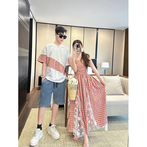 高級親子裝一家三口夏裝母子母女裝小月齡嬰兒格子短袖T恤連衣裙
