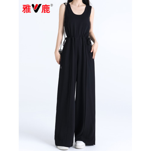 雅鹿赫本風黑色連體衣褲女夏季氣質無袖收腰垂感濶腿拖地背帶長褲