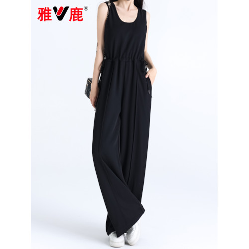 雅鹿赫本風黑色連體衣褲女夏季氣質無袖收腰垂感濶腿拖地背帶長褲