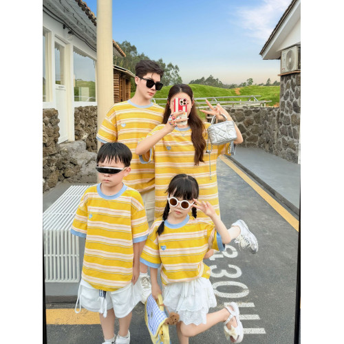 黃色條紋親子裝短袖t恤一家三口四口小月齡愛心爬服母子母女裝夏