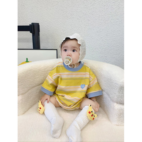 黃色條紋親子裝短袖t恤一家三口四口小月齡愛心爬服母子母女裝夏