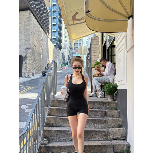 歐美辣妹風掛脖露背無袖連體衣女夏性感緊身顯瘦運動休閒包臀短褲