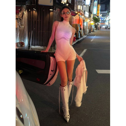歐美風辣妹性感白色微高領顯瘦小衆設計感高腰百搭緊身無袖連體衣