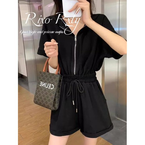 RIXO RXLY夏法式連體衣女港味氣質高腰顯瘦連身連帽連體短褲套裝