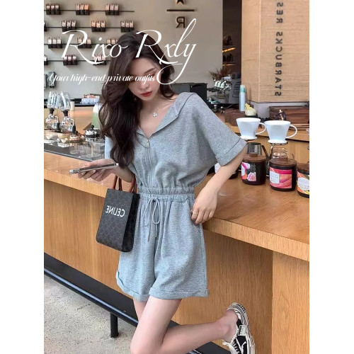 RIXO RXLY夏法式連體衣女港味氣質高腰顯瘦連身連帽連體短褲套裝