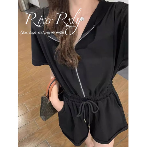 RIXO RXLY夏法式連體衣女港味氣質高腰顯瘦連身連帽連體短褲套裝