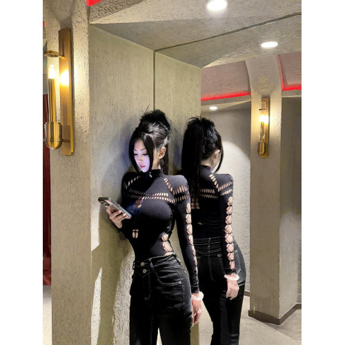 歐美風辣妹風網紗透視不規則鏤空連體衣女內搭外穿修身顯瘦上衣