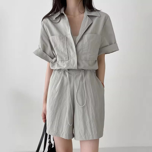 香港藏青色連身短褲女外穿夏季2025新款巨好看收腰濶腿連體衣套裝