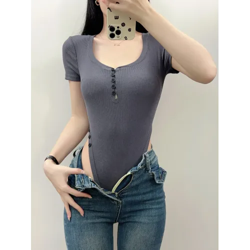 YU21 純欲性感辣妹設計感修身短袖針織T恤女夏連檔收腰顯瘦連體衣