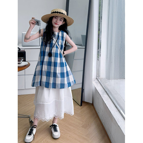 親子裝2025超火母女裝藍色格子白色半身裙兩件套中大童洋氣新款夏