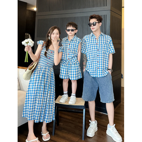 海邊度假親子裝母女裝夏一家三口四口旅遊格子襯衫衣連衣裙沙灘裙
