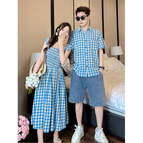 海邊度假親子裝母女裝夏一家三口四口旅遊格子襯衫衣連衣裙沙灘裙
