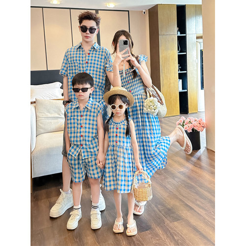 海邊度假親子裝母女裝夏一家三口四口旅遊格子襯衫衣連衣裙沙灘裙