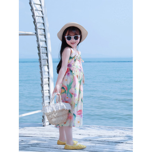 海邊度假親子裝母女純棉夏季2025新款花朵印花無袖沙灘裙子連衣裙