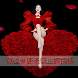 網紅爆款性感私房藝術照寫真聖誕節主題攝影服裝紅色泡泡袖連體衣