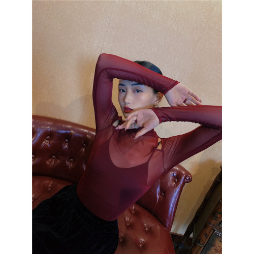 WYZ蓋蓋街舞氣質網紗t恤打底衫高彈網紗連體衣爵士舞蹈服表演服裝