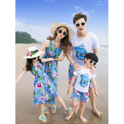 三亞海邊旅遊度假沙灘親子裝夏裝一家三口四口家庭裝母女裝連衣裙
