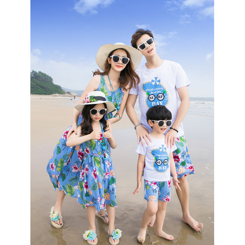 三亞海邊旅遊度假沙灘親子裝夏裝一家三口四口家庭裝母女裝連衣裙
