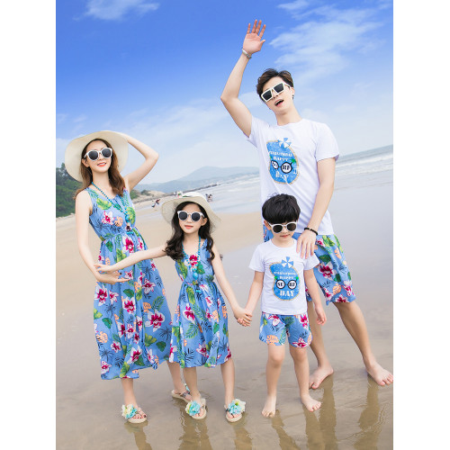 三亞海邊旅遊度假沙灘親子裝夏裝一家三口四口家庭裝母女裝連衣裙