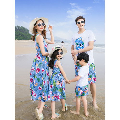 三亞海邊旅遊度假沙灘親子裝夏裝一家三口四口家庭裝母女裝連衣裙