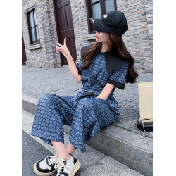 小個子牛仔連體褲套裝女夏季2025新款別致高級設計感連體衣濶腿褲