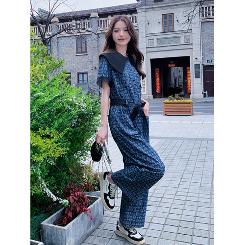 小個子牛仔連體褲套裝女夏季2025新款別致高級設計感連體衣濶腿褲