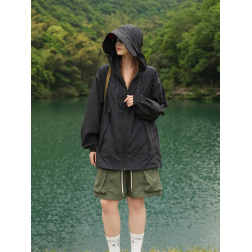 防紫外線連帽簷防曬衣女夏季輕薄透氣寬松山系戶外工裝沖鋒衣外套