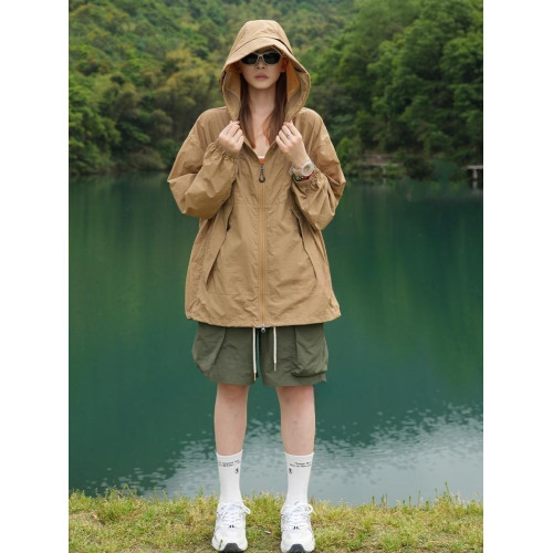 防紫外線連帽簷防曬衣女夏季輕薄透氣寬松山系戶外工裝沖鋒衣外套
