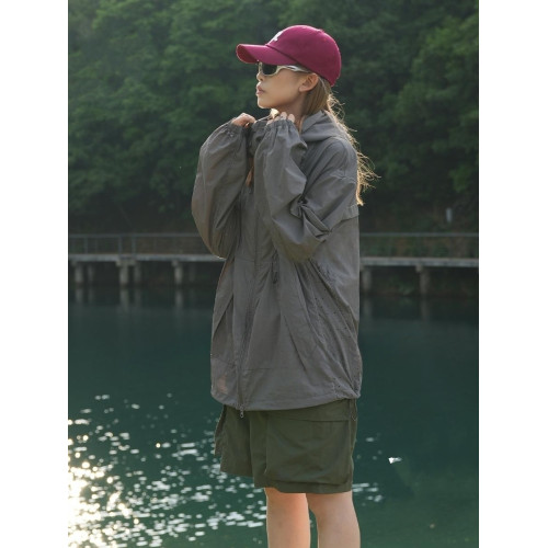 防紫外線連帽簷防曬衣女夏季輕薄透氣寬松山系戶外工裝沖鋒衣外套