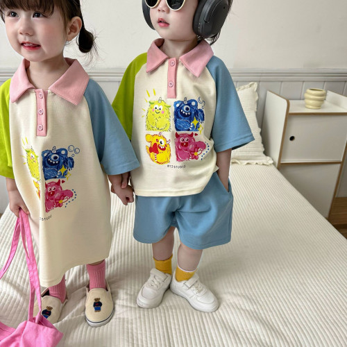 2025新款兄妹裝兒童韓版姐弟裝polo衫親子裝男女童卡通短袖套裝潮