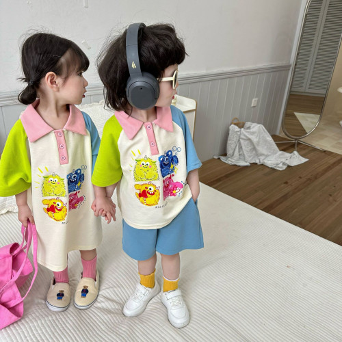 2025新款兄妹裝兒童韓版姐弟裝polo衫親子裝男女童卡通短袖套裝潮