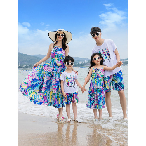 海邊度假親子裝一家三口沙灘裙母女裝三亞高級洋氣連衣裙一家四口