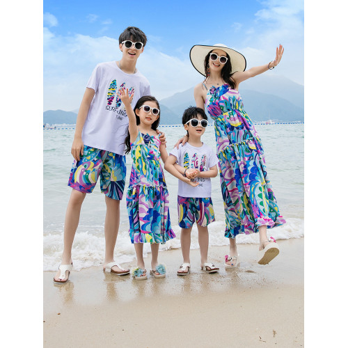 海邊度假親子裝一家三口沙灘裙母女裝三亞高級洋氣連衣裙一家四口