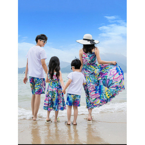 海邊度假親子裝一家三口沙灘裙母女裝三亞高級洋氣連衣裙一家四口