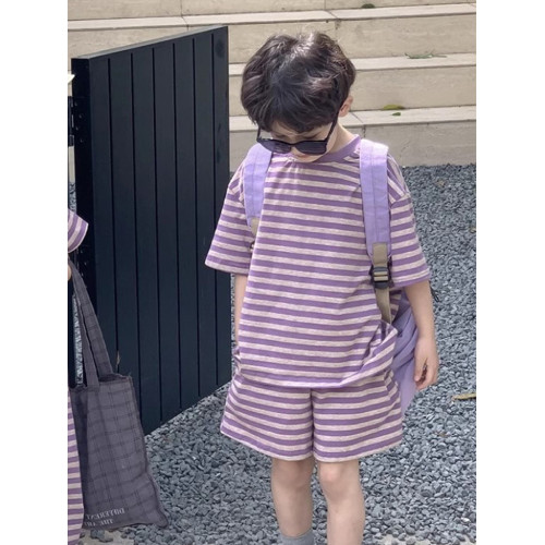紫色條紋親子裝短袖t恤2025夏裝新款一家三口四口嬰兒母子母女裝