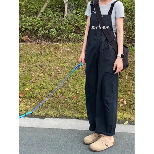 春夏日系休閒工裝口袋背帶褲直筒長褲女寬松減齡顯瘦濶腿連體衣褲
