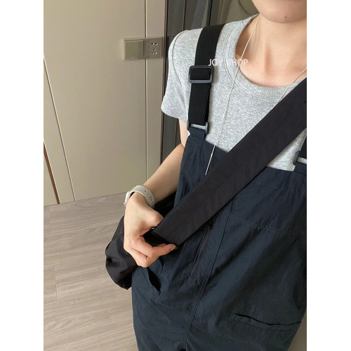 春夏日系休閒工裝口袋背帶褲直筒長褲女寬松減齡顯瘦濶腿連體衣褲
