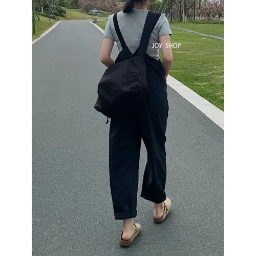 春夏日系休閒工裝口袋背帶褲直筒長褲女寬松減齡顯瘦濶腿連體衣褲