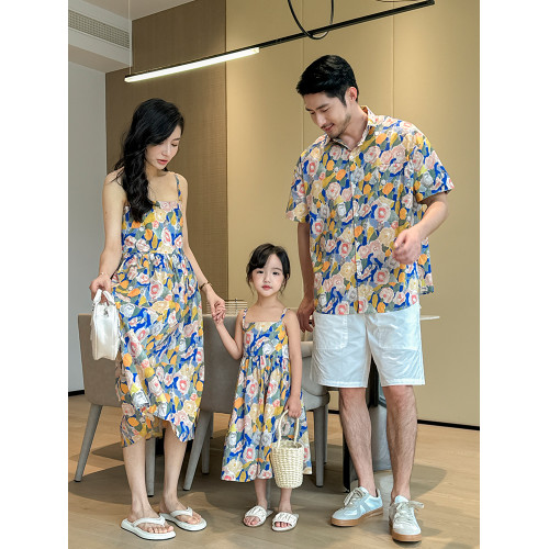 親子裝短袖復古碎花滿印花襯衫一家三口夏威夷海邊度假吊帶連衣裙