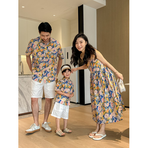 親子裝短袖復古碎花滿印花襯衫一家三口夏威夷海邊度假吊帶連衣裙