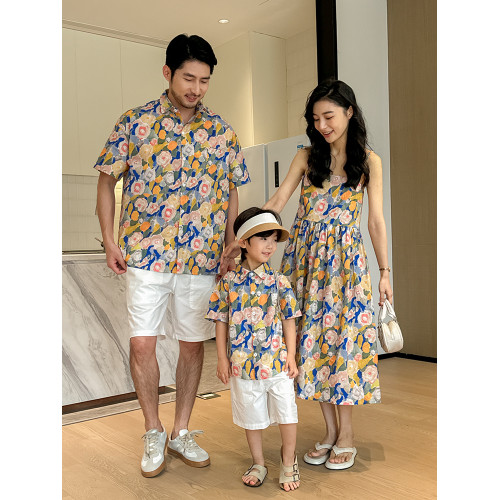 親子裝短袖復古碎花滿印花襯衫一家三口夏威夷海邊度假吊帶連衣裙