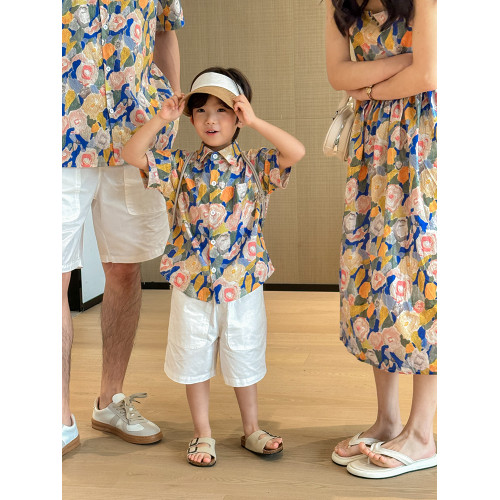 親子裝短袖復古碎花滿印花襯衫一家三口夏威夷海邊度假吊帶連衣裙