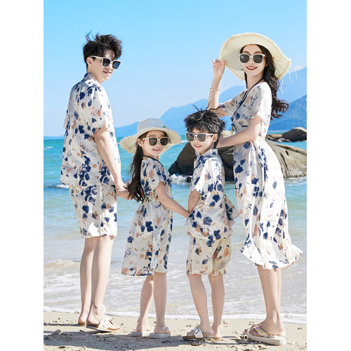 海邊度假親子裝一家三口四口夏裝父子裝沙灘花襯衣套裝母女連衣裙