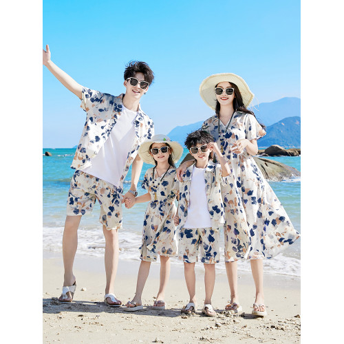 海邊度假親子裝一家三口四口夏裝父子裝沙灘花襯衣套裝母女連衣裙