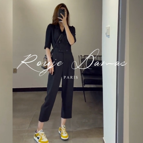 法國Rouje Damas高級感西裝短袖連體褲女收腰顯瘦休閒連體衣褲夏