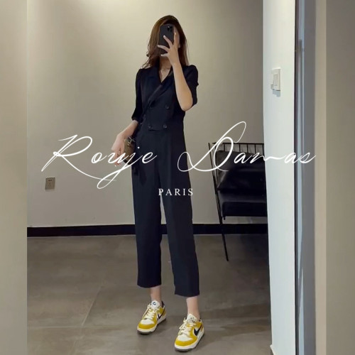 法國Rouje Damas高級感西裝短袖連體褲女收腰顯瘦休閒連體衣褲夏
