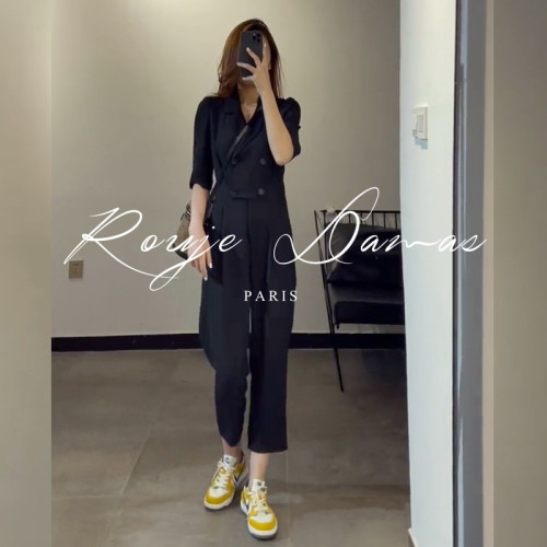 法國Rouje Damas高級感西裝短袖連體褲女收腰顯瘦休閒連體衣褲夏