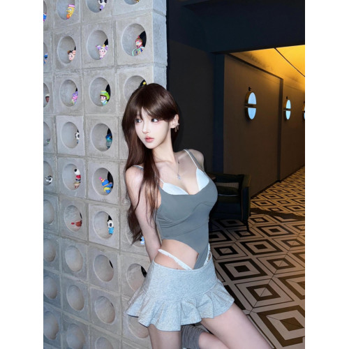 美式辣妹假兩件吊帶背心上衣女2024夏季新款性感修身顯瘦連體衣