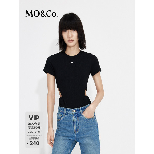 MOCO肌理感連體衣短袖圓領正肩T恤設計感鏤空露腰修身上衣上裝