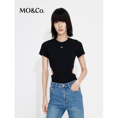 MOCO肌理感連體衣短袖圓領正肩T恤設計感鏤空露腰修身上衣上裝